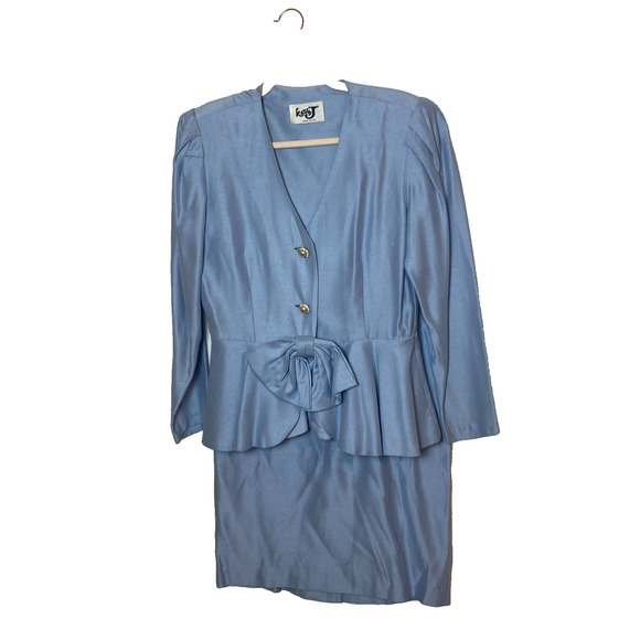 Vintage Kathie J Skirt Suit Set Sz 8 Blue Bow Rhinestone Peplum Shoulder Pads - Picture 1 of 12